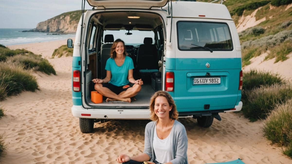 Lugares secretos en Guadalajara: lo que ni los locales imaginan (y cómo transforman tu bienestar) 14 A woman in her early 30s, smiling and relaxed, sits on the doorstep of a modern camper van surrounded by lush greenery and sand dunes. She is barefoot, wearing casual clothes, with yoga mat and healthy snacks visible inside the van. In the background, wild Breton coastline and turquoise sea can be seen just beyond. The scene is bathed in soft morning light, editorial style, main subject centered and sharply focused, peaceful and inviting atmosphere.