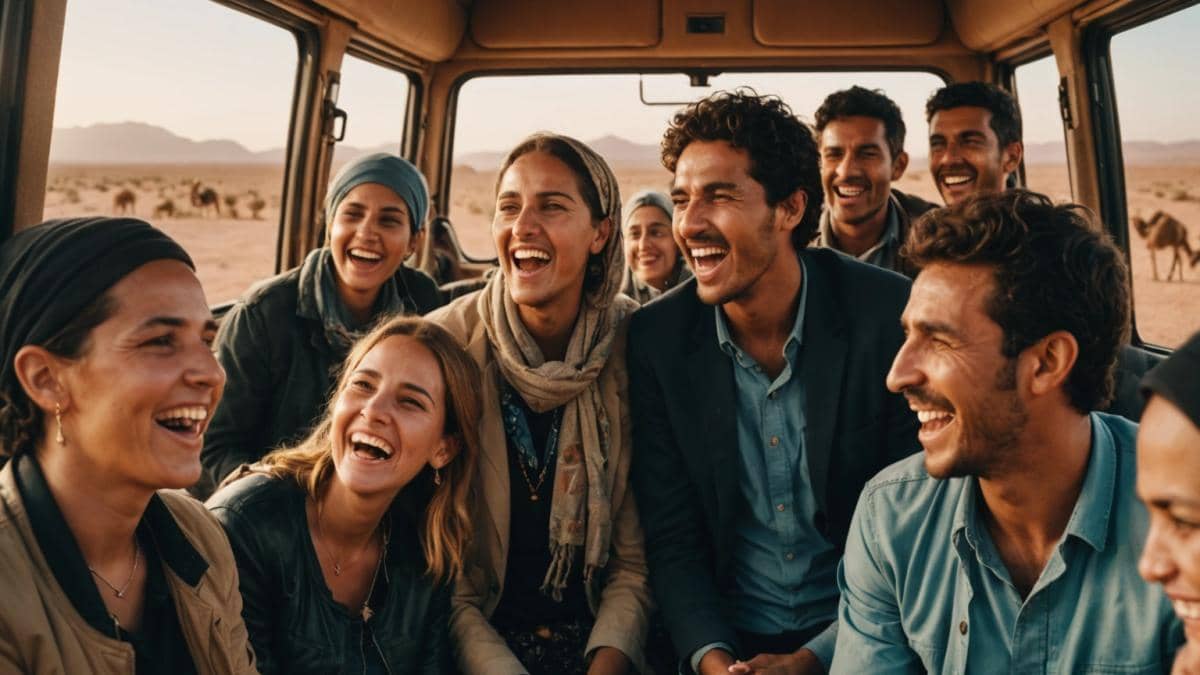 Algodistrofia: ¿Sabías que este síndrome puede frenar tu bienestar diario? 14 A group of people sitting in a minibus in Morocco, laughing and singing together during a lively karaoke session, photorealistic editorial style, warm evening sunlight filtering through the windows, visible desert scenery with camels outside, main subjects well-centered and sharply focused with joyful expressions, natural candid atmosphere.