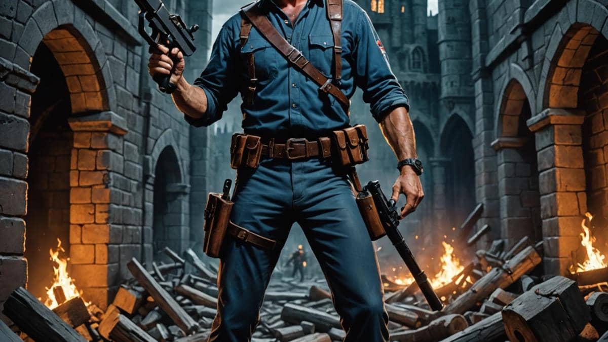 Zurück in die Zukunft 3: El misterioso gesto de Verne que nadie ha resuelto 14 Bruce Campbell as Ash Williams in a dynamic pose with chainsaw hand and shotgun, center-focused in a dark medieval castle setting, photorealistic editorial style, dramatic lighting highlighting his expressive face, background filled with eerie undead figures and Gothic architecture, vivid details on Ash's rugged costume and fantasy props, main subject sharply centered and in focus.