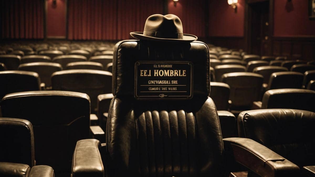 Regreso al futuro II: ¿Qué diablos era el 'Modo Litio' y por qué nos obsesiona? 14 A photorealistic editorial-style image centered on a classic cinema seat with an old film reel labeled 'El Hombre Invisible', in a dimly-lit, vintage theater. The atmosphere is mysterious and tense, with shadows hinting at an invisible presence. On the seat, there's a fedora hat and round glasses floating mid-air, clearly in focus. The background shows faded horror movie posters and retro decor for an authentic, nostalgic mood.
