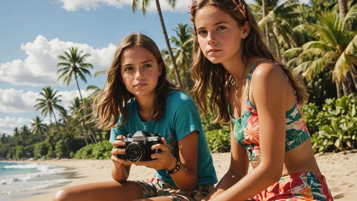 A photorealistic editorial-style image of two sisters, one a teenager with surf gear and the other a younger girl with a camera, sitting on a sunny Hawaiian beach. The background shows distant tourists in colorful clothes and lush palm trees. The main subjects are centered, capturing a mix of nostalgia, responsibility, and loss. The mood is contemplative but hopeful, with vibrant natural lighting and clear details on the characters' faces.
