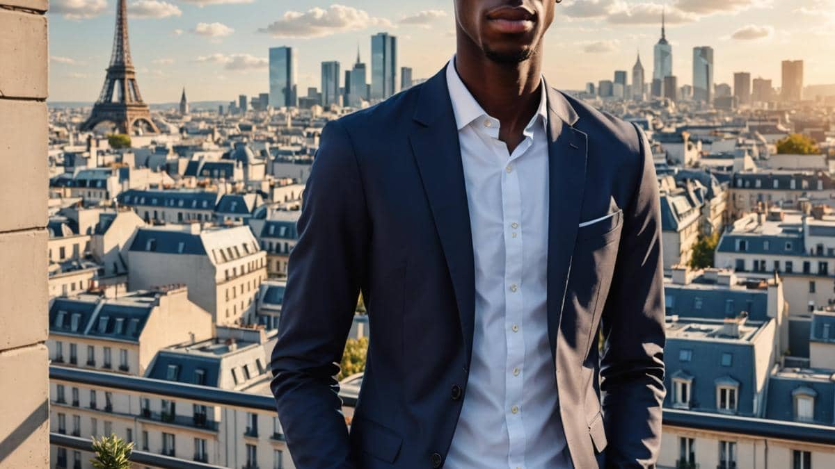 Boda de Jonathan Clauss: ¿Qué hace especial a su unión en Alsacia? 14 A photorealistic editorial image of Ousmane Dembélé, dressed in smart-casual attire, standing on a sunlit Parisian terrace overlooking the city skyline, architectural blueprints and investment documents in hand, confident and relaxed, modern urban background, well-lit, the main subject centered and in sharp focus, professional mood reflecting transition from sports to business.