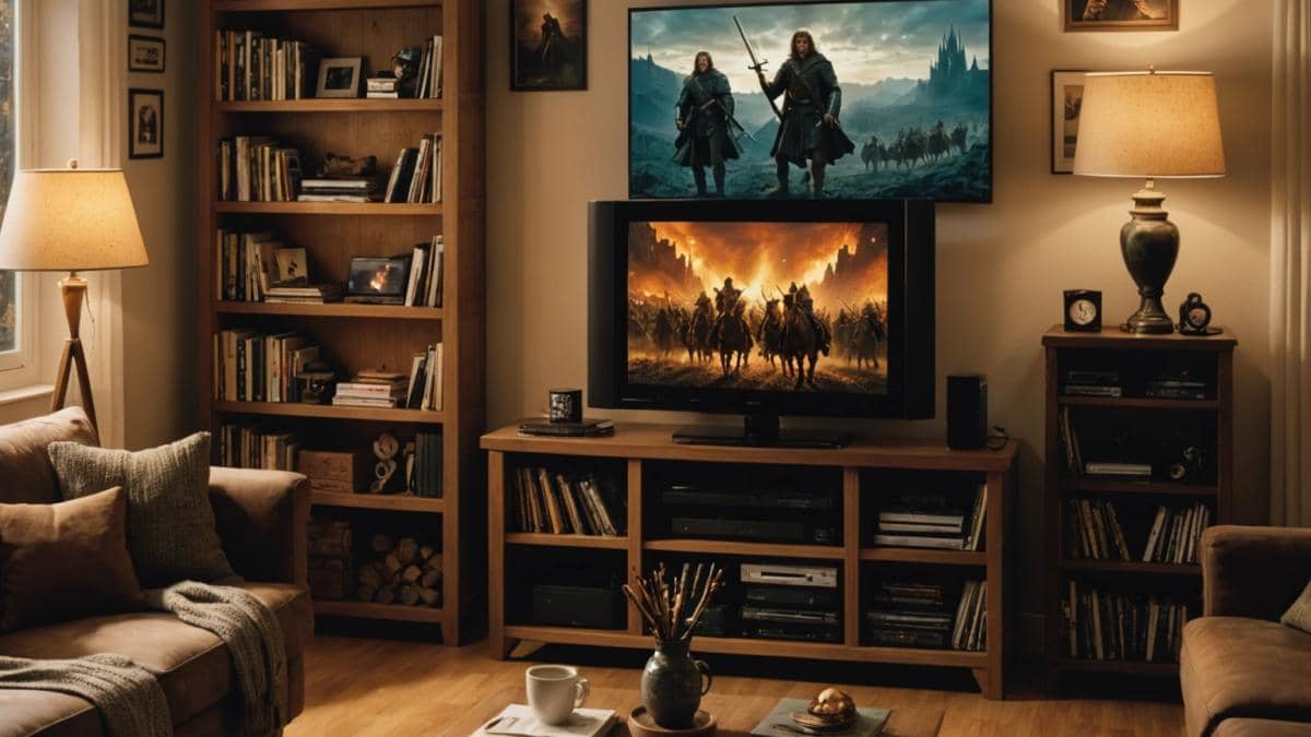 Troya, secretos y arrepentimientos: Orlando Bloom y Diane Kruger como nunca los viste 14 A photorealistic editorial-style image of a cozy living room in Madrid at dusk, main subject is a modern flat screen TV centered and displaying an epic battle scene from 'The Lord of the Rings: The War of the Rohirrim', warm ambient lighting, shelves filled with vinyl records and classic film posters in the background, a notebook and pen on a coffee table, creating a mood of cultural immersion and personal reflection. Main subject (the TV with the battle) is sharply in focus at the center.