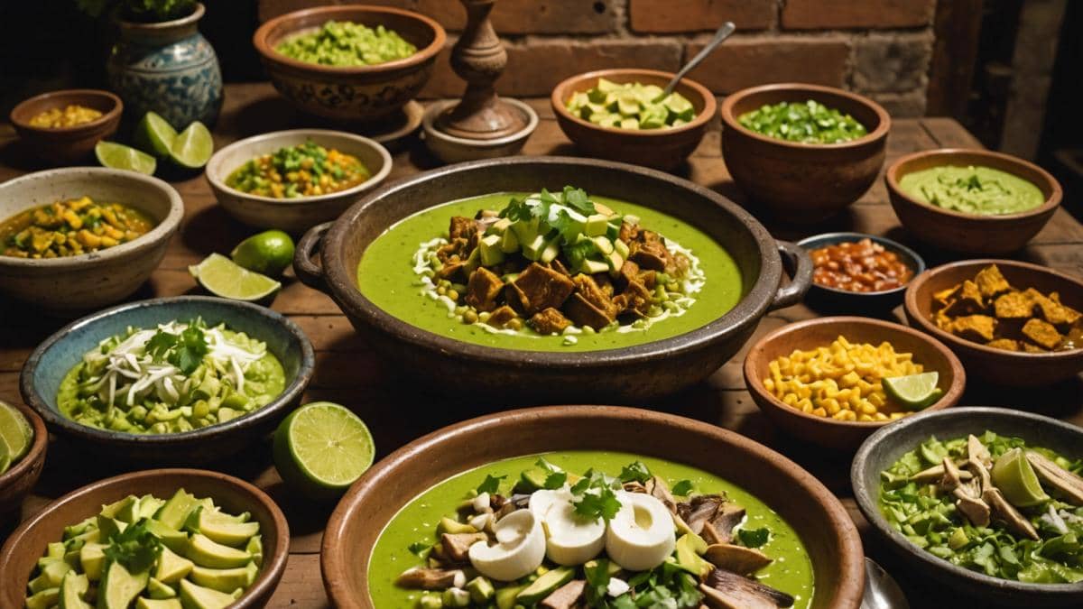 Filindeu: El secreto que ni la tecnología puede copiar 14 A cozy, traditional Mexican eatery in Mexico City, photorealistic editorial style, a large steaming bowl of green pozole served in a clay cazuela is centered on a rustic wooden table, vibrant toppings like avocado, chicharrón and sardines visible, warm ambient lighting, walls decorated with bricks, mirrors and vintage lighters, main dish and setting well-centered and in sharp focus for an inviting mood.