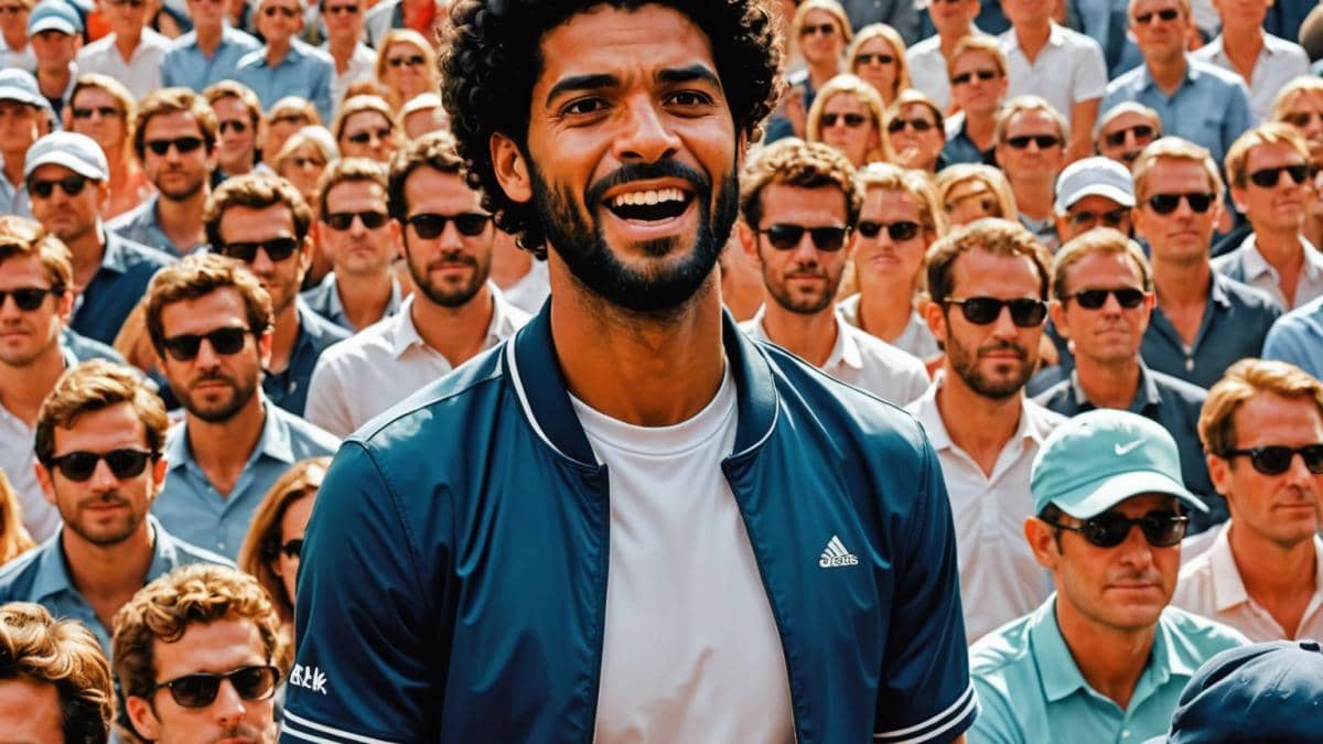 Deporte y peso: ¿por qué aún pesa tanto el físico en el alto rendimiento? 14 A photorealistic editorial-style image of a packed tennis stadium at Roland-Garros, main subject is a lively man (Jamel Debbouze lookalike) in the center of the tribune gesticulating animatedly, surrounded by amused and curious spectators. Security personnel discreetly approach him. The environment is bright, midday light with clear focus on the central subject, tennis match visible in the background. Lively but respectful mood.