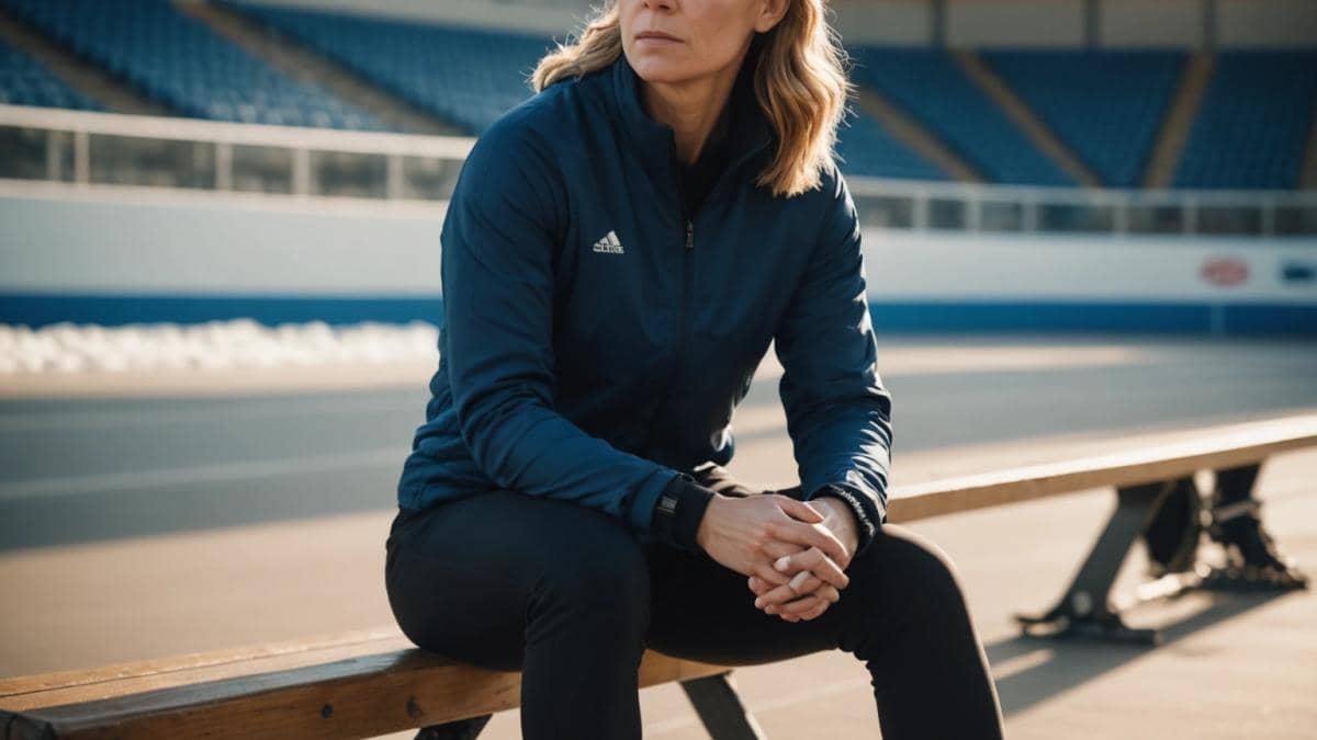 Ejercicios para la parte interna del muslo: Lo que nadie te cuenta (y deberías saber) 14 A confident female athlete in her early 40s sitting on a bench in a sunlit sports arena, looking determined and thoughtful, photorealistic editorial style, warm daylight highlighting her face, subtle background of ice skates and sports trophies, main subject centered and sharply focused for an inspiring mood.