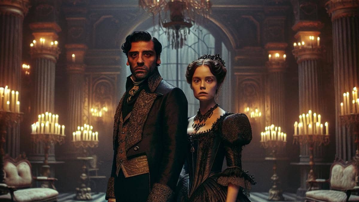 Películas caníbales: ¿Por qué una tribu amazónica se rió con Holocausto Caníbal? 14 Oscar Isaac and Mia Goth in elaborate 19th-century gothic costumes on a grand, dimly lit Eastern European set, photorealistic editorial style, moody yet lush lighting, intricate set details with candle-lit chandeliers and towering windows, both actors centered and in sharp focus, an air of tense anticipation.