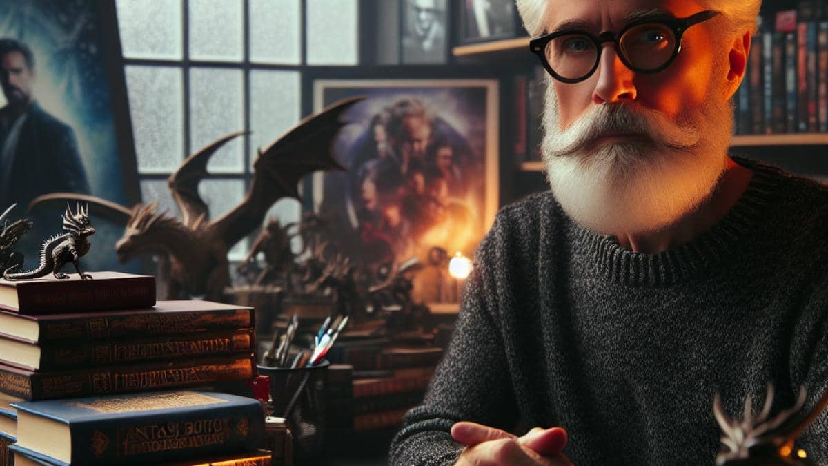 Dept. Q: ¿Por qué este thriller de Netflix arrasa y cambia las reglas del juego? 14 A middle-aged man resembling George R.R. Martin, sitting at a desk filled with fantasy books, film scripts, and awards, editorial-style photography, thoughtful mood with soft warm lighting, a window showing dragon figurines and classic movie posters in the background, main subject well-centered and in sharp focus.