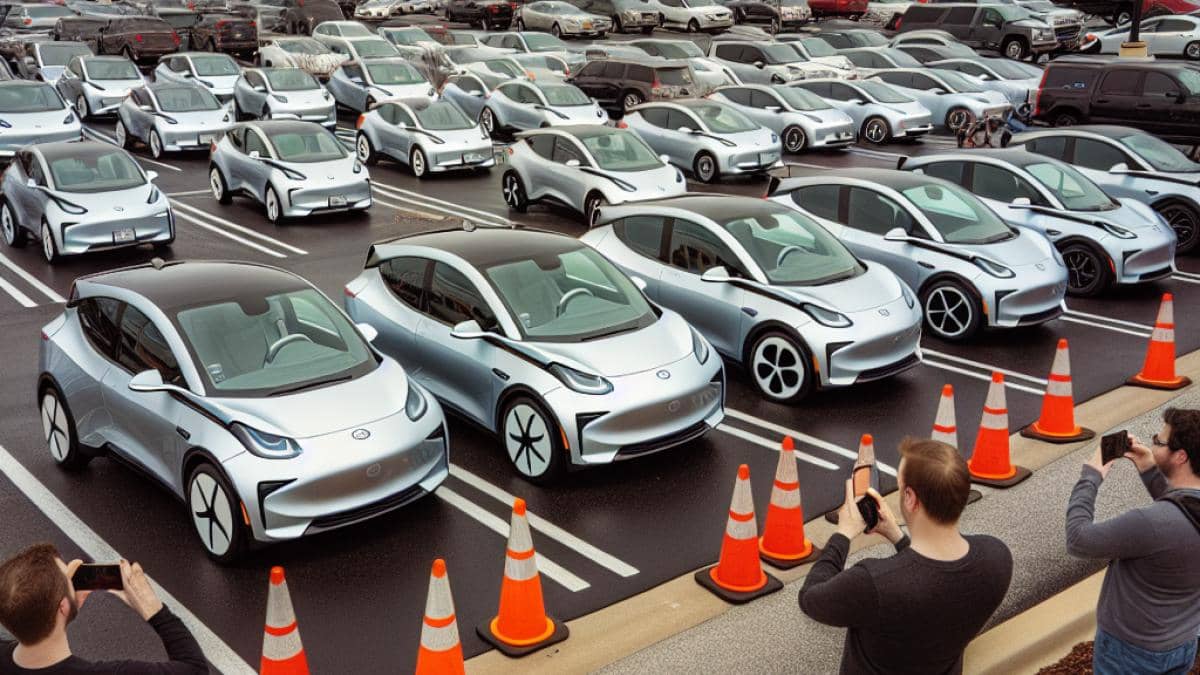 A parking lot outside an American shopping mall, packed with dozens of silver Tesla Cybertrucks lined up closely together, photorealistic editorial style, overcast daylight, a few curious onlookers with smartphones taking photos, orange traffic cones marking off the area, main subject (the clustered Cybertrucks) clearly centered and in sharp focus, background showing parts of the mall building.