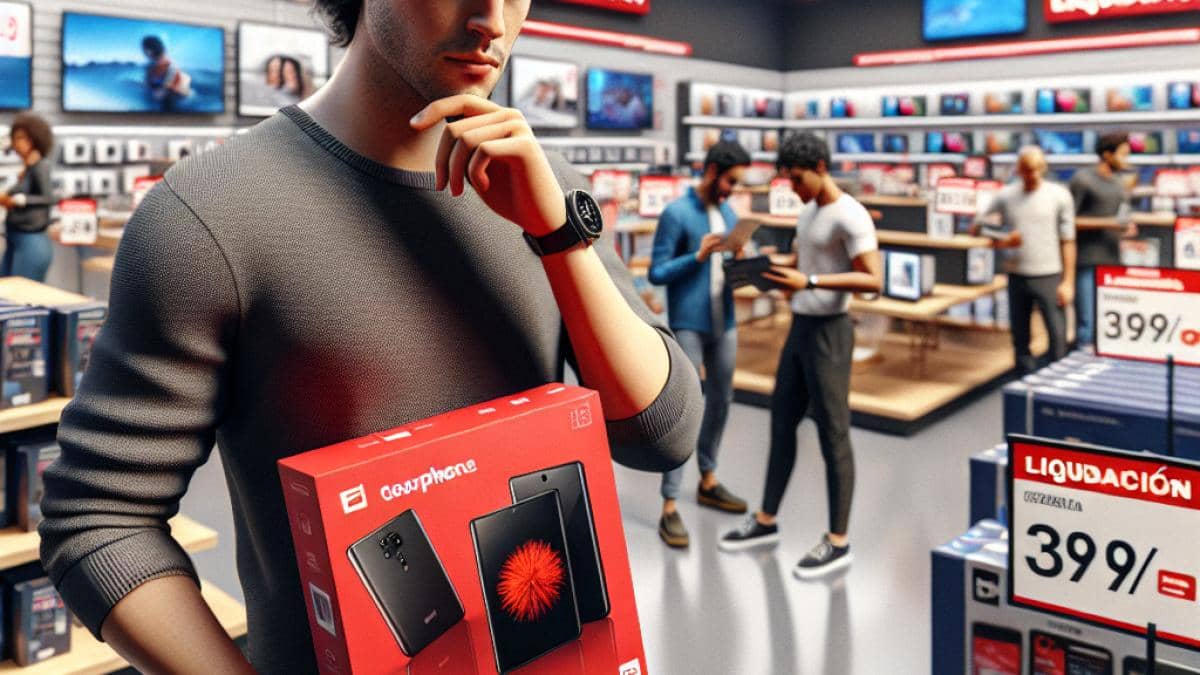A photorealistic editorial image showing a modern MediaMarkt store interior in Spain, with bright lighting and vibrant red branding. Centered in sharp focus is a young tech-savvy man holding an iPhone 14 Plus box and examining a discounted TV. Surrounding him are people browsing tablets and laptops with visible price tags showing large discounts. The mood is energetic and the environment is clean and inviting, showcasing open product displays and clear signage of 'Liquidación' (clearance) offers. Main subject well-centered, crisp, and detailed.