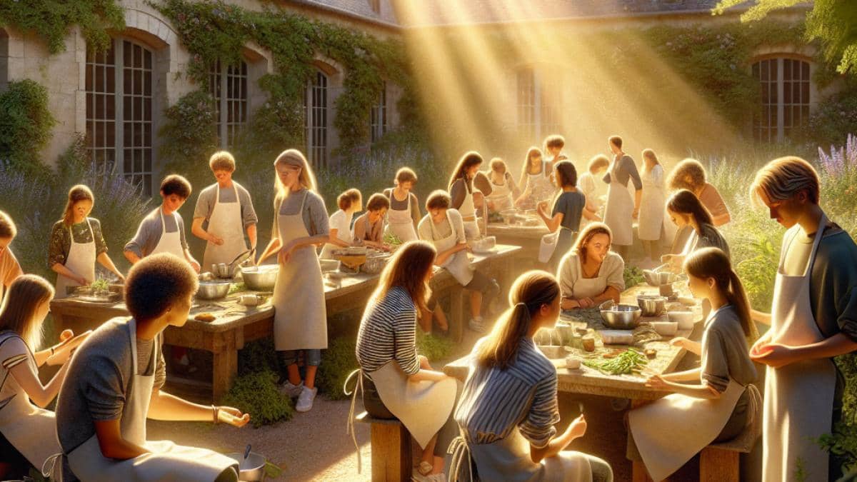The Help y el precio del 'white savior': lo que Hollywood nunca cuenta 14 A group of young adults gathered in a sunlit French culinary school garden, some sharing heartfelt conversations, others cooking together, photorealistic editorial style, warm afternoon light, lush greenery and culinary props like aprons and mixing bowls, the main group well-centered and in sharp focus, natural emotions on their faces.