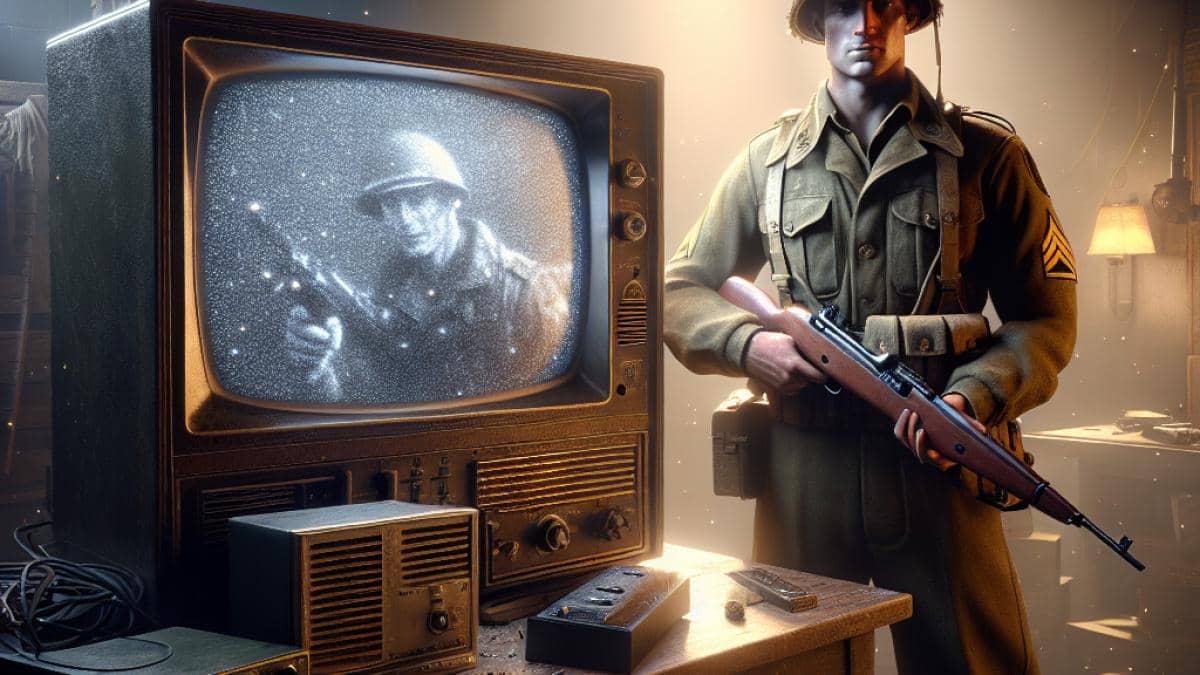 A photorealistic editorial-style image of a classic Medal of Honor soldier, standing at the center, immersed in a realistic WWII bunker recreated with modern lighting and high-definition textures. The mood is nostalgic yet modern, with subtle rays of light illuminating dust particles in the air. The background shows a blurred out old CRT monitor running the original game, while in the foreground, high-tech gaming gear rests on a table. The main subject is well-centered and sharply focused, blending retro atmosphere with state-of-the-art graphics.