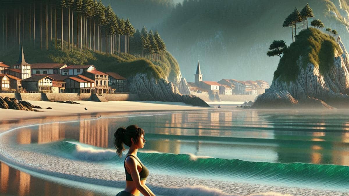 Turismo en España: ¿Por qué unas vacaciones en Canarias cuestan lo mismo que el Caribe? Mi experiencia y consejos para sobrevivir a la paradoja del verano 2024 14 A peaceful coastal village in northern Spain, with expansive white sandy beaches, lush pine forests, and dramatic cliffs. Centered in the image is a young woman practicing yoga on the sand at sunrise, surrounded by nature and distant waves. Photorealistic editorial style, warm morning light, vibrant yet tranquil mood. The main subject (the woman) is clearly centered and in sharp focus, while the background shows the charming town of Noja with hints of local architecture and green marshlands.