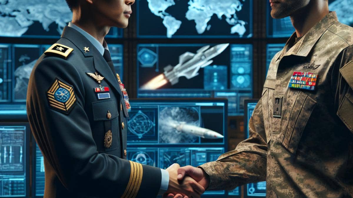 A serious, central-focused editorial photo of North Korean and Russian military officers shaking hands in a high-tech command center, with digital maps and missile schematics displayed on large screens behind them. Photorealistic, well-lit, professional setting. Details include military uniforms, visible medals, modern computers, and an air of tense collaboration. Main subjects are sharply in focus and positioned at the center, background is clean yet rich in tech detail.