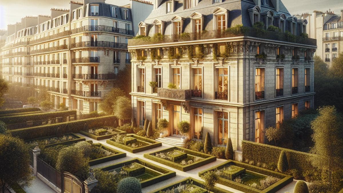 Ici tout commence: ¿Qué nos enseña sobre prejuicios, deseo y autocuidado? 14 A sophisticated Parisian townhouse from the 1920s, well-centered and in sharp focus, featuring elegant architectural details and a lush green garden of about 70 m². The scene includes subtle hints of city life—a background view of Montsouris Park, gentle daylight streaming through large windows, and ambient urban sounds suggested by a blurred hospital building in the distance. Editorial-style, warm lighting, creating an inviting yet realistic mood. Main subject is the house facade with garden clearly centered.