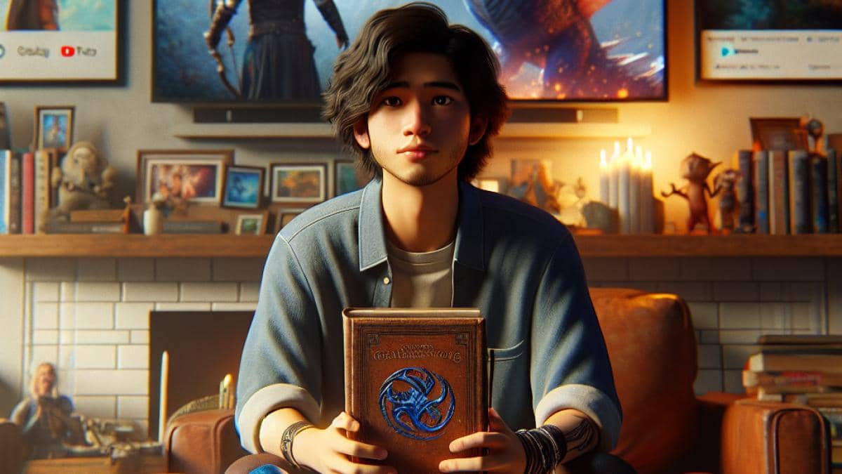 Alien, el octavo pasajero: El terror que sacudió cines y redefinió la ciencia ficción 14 A well-lit, photorealistic editorial image of a young adult holding a worn copy of 'Eragon' with a vibrant blue dragon egg beside them, seated in a cozy living room filled with fantasy movie posters and books. The main subject is centered, looking hopeful but thoughtful, with streaming platforms visible on a nearby TV screen. Warm lighting, detailed props like a notepad and festival lanyard add realism and context.