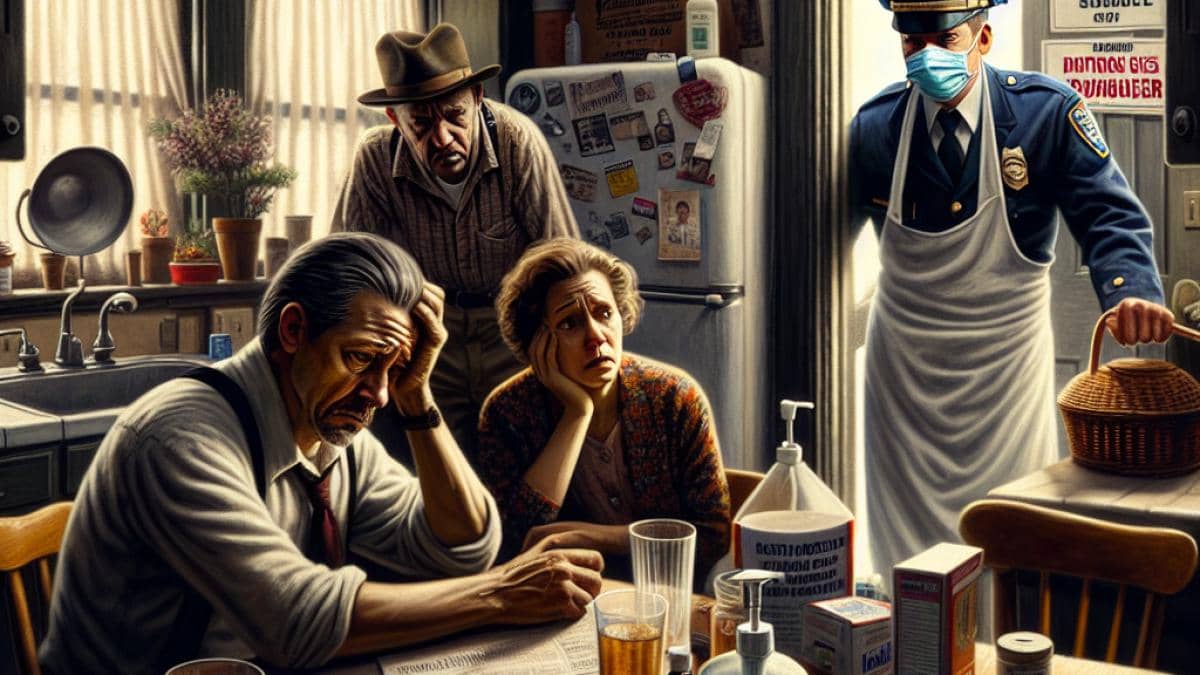 Películas de horror y tribus amazónicas: ¿por qué 'El infierno verde' les pareció una comedia? 14 Joaquin Phoenix as a weary small-town sheriff sitting at a messy kitchen table, Emma Stone as his disenchanted wife standing behind him, and Pedro Pascal as a charming mayor entering through the doorway wearing a FFP3 mask. Photorealistic editorial style, somber lighting evoking pandemic-era unease, with subtle background details like protest flyers and bottles of hand sanitizer. Main trio clearly centered and in sharp focus for an intense cinematic mood.
