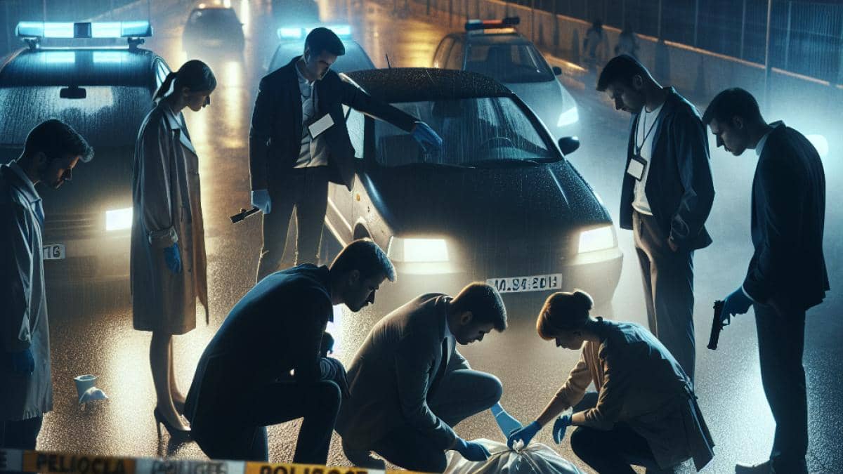 Misión Imposible Fallout: La joya secreta que redefinió la saga (y casi nadie te lo contó así) 14 A tense scene on a dimly lit Valencia parking lot at night, with Spanish police tape and investigators gathered around a car where a body is being examined. Editorial, photorealistic style; the mood is dramatic and suspenseful, with focused faces of detectives and subtle city lights in the background. Main subject (the investigation) centered and in sharp focus, conveying intrigue and urgency.