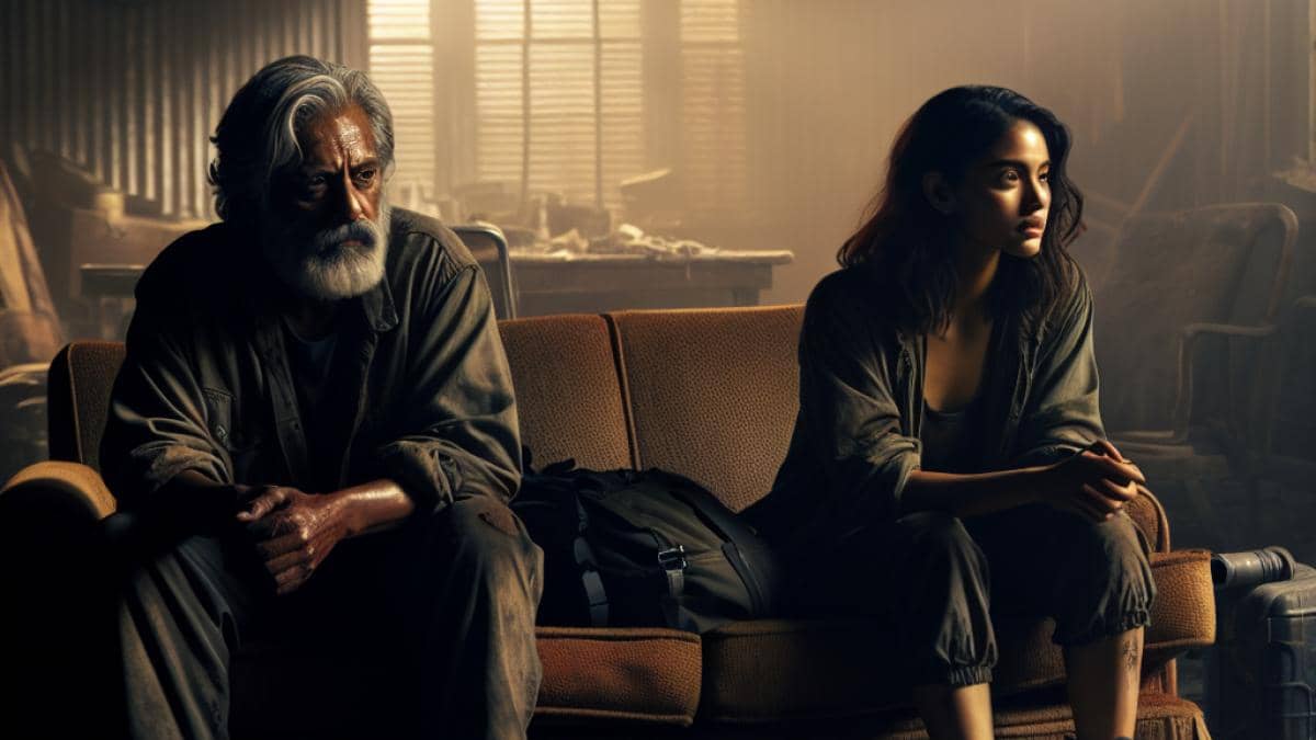 Regreso al futuro III: ¿El gesto secreto de Verne que nadie notó? 14 A gripping scene from a modern sci-fi drama series, two main characters—one young woman and one older man—sitting apart on a worn sofa in a dimly lit, post-apocalyptic apartment, strong emotions on their faces, photorealistic editorial style, soft moody lighting, subtle signs of decay and survival gear scattered around, main subjects well-centered and sharply focused for a cinematic, impactful look.