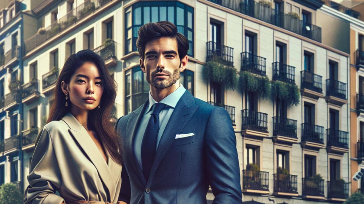 A well-dressed professional couple standing in front of a modest, older apartment building in an upscale Madrid neighborhood, photorealistic editorial style, daylight with urban backdrop, contrast between their elegant appearance and the building's unremarkable facade, city street details and subtle luxury elements, main subjects well-centered and in sharp focus.