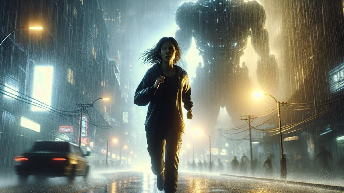 Alien: Planeta Tierra – ¿La revolución sci-fi que necesitábamos? Mi análisis geek tras ver el tráiler 14 A close-up of a determined woman (inspired by Sarah Connor) running through a dark, rainy urban street at night, photorealistic editorial style, dramatic lighting highlighting rain-soaked textures and neon reflections, with a looming humanoid robot silhouette in the background. Main subject centered and sharply in focus, intense and cinematic mood, city details visible but blurred for emphasis on emotion.