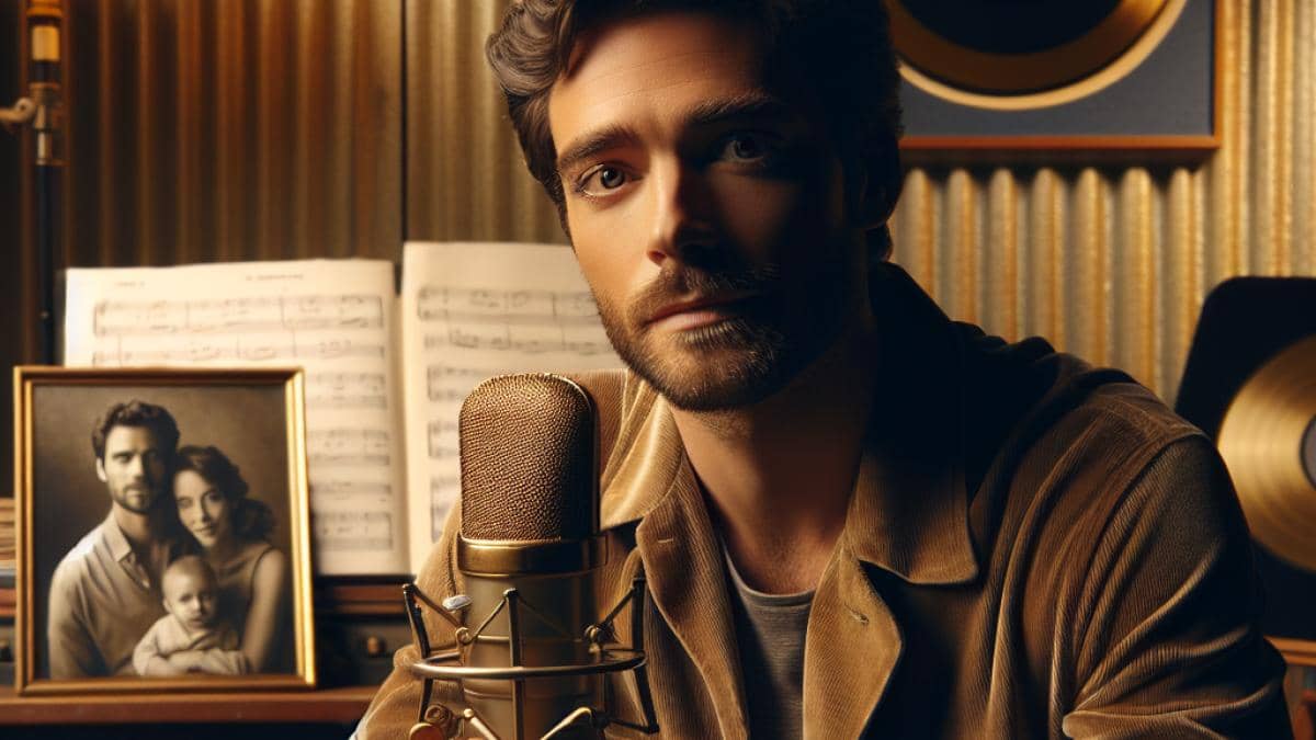 Sinclair vuelve: ¿qué esconde su regreso funk y cómo reescribe el pop francés? 14 A photorealistic editorial portrait of Frédéric François in a cozy, warmly lit recording studio, seated with a vintage microphone and surrounded by gold records and music sheets. He looks reflective yet hopeful, a supportive family photo visible on a side table. The composition is centered, capturing his expressive gaze and the intimate setting.