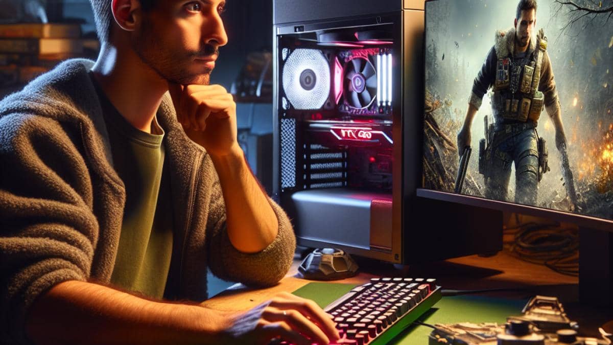 ¿Qué harías si encuentras un CD misterioso gratis? Mi experiencia real y todo lo que nadie te cuenta 14 A focused PC gamer in his late twenties sits at a modern desk, intensely testing a new dark-themed open world game on a high-end setup with a visible RTX 4090 graphics card. Photorealistic editorial style, neutral lighting highlighting both the glowing monitor and the futuristic GPU, clutter of old and new gaming consoles in the background for added authenticity. The gamer is well-centered and sharply in focus, showing curiosity and excitement.