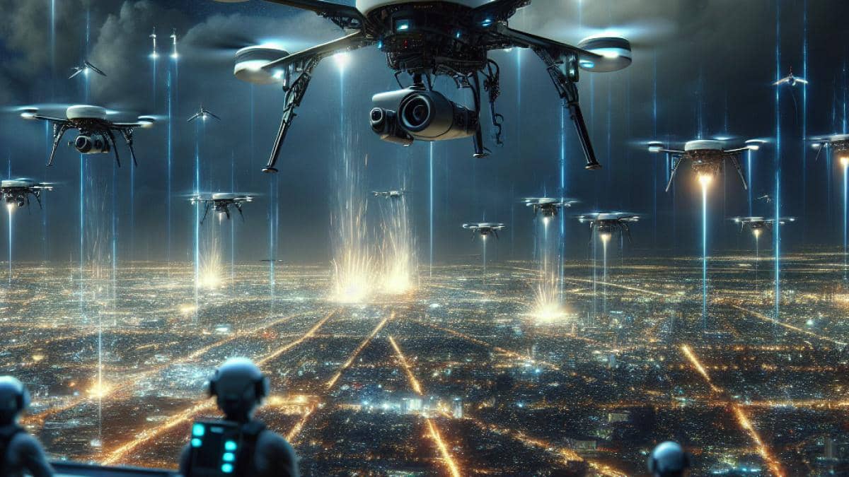 A swarm of military drones flying at night over a modern cityscape, photorealistic editorial style, dramatic lighting with flashes from explosions in the background, focused on several mid-size drones equipped with cameras and sensors, tense atmosphere, city lights below, main drone centered and sharply in focus, hint of operators monitoring screens in a high-tech control room.