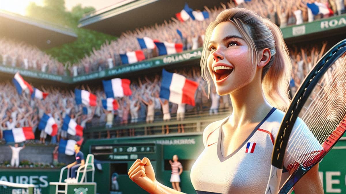 Tennis femenino: ¿Dónde están las verdaderas estrellas según Mouratoglou? 14 Loïs Boisson, joven tenista francesa, celebrando emocionada en la pista central de Roland-Garros tras ganar un punto importante, photorealistic editorial style, atardecer dorado iluminando el estadio, público animado de fondo con banderas francesas, primer plano bien centrado de Loïs mostrando determinación y energía, fondo limpio pero vibrante, detalles realistas en ropa deportiva y raqueta.