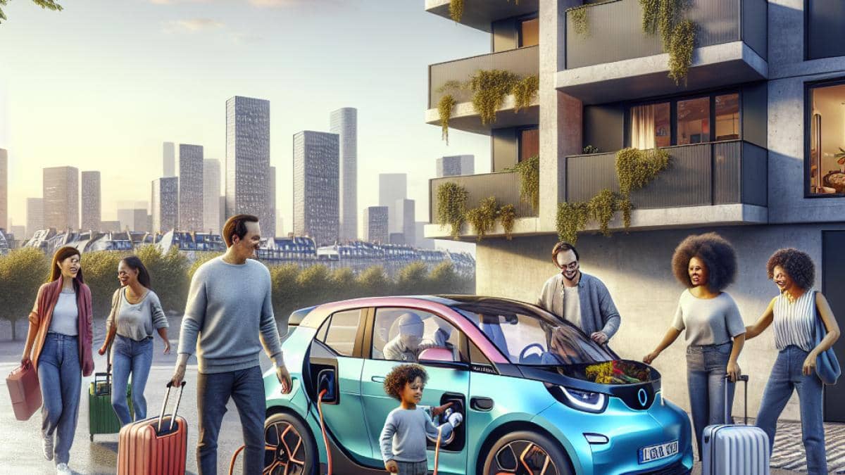 TSMC, chips y geopolítica: ¿por qué EEUU frena el sueño árabe? 14 A family loading luggage into a vibrant electric Renault 5 in front of a modern Parisian apartment, photorealistic editorial style, bright daylight, the car clearly centered and in sharp focus, visible charging cable connected, a child holding a toy robot, cityscape and leafy trees in the background for a warm, optimistic mood.