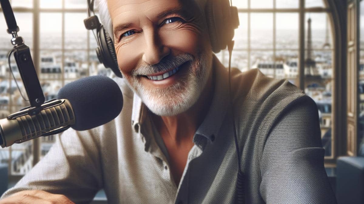 Jean-Pierre Foucault, a charismatic older French radio host, sitting at a modern radio station desk with headphones, smiling warmly and engaging with listeners, photorealistic editorial style, bright daylight through large windows, subtle Parisian decor in the background, main subject well-centered and in sharp focus.