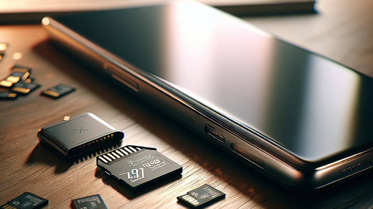A close-up of a modern smartphone on a wooden desk, center-focused, with an empty microSD slot next to the device and several small microSD cards scattered around. Editorial, photorealistic style, soft natural lighting. Subtle reflections on the phone’s screen, and a blurred background showing a tech book and some cables, creating a tech-savvy but cozy atmosphere. Main subject (phone and microSD slot) is well-centered and in sharp focus.