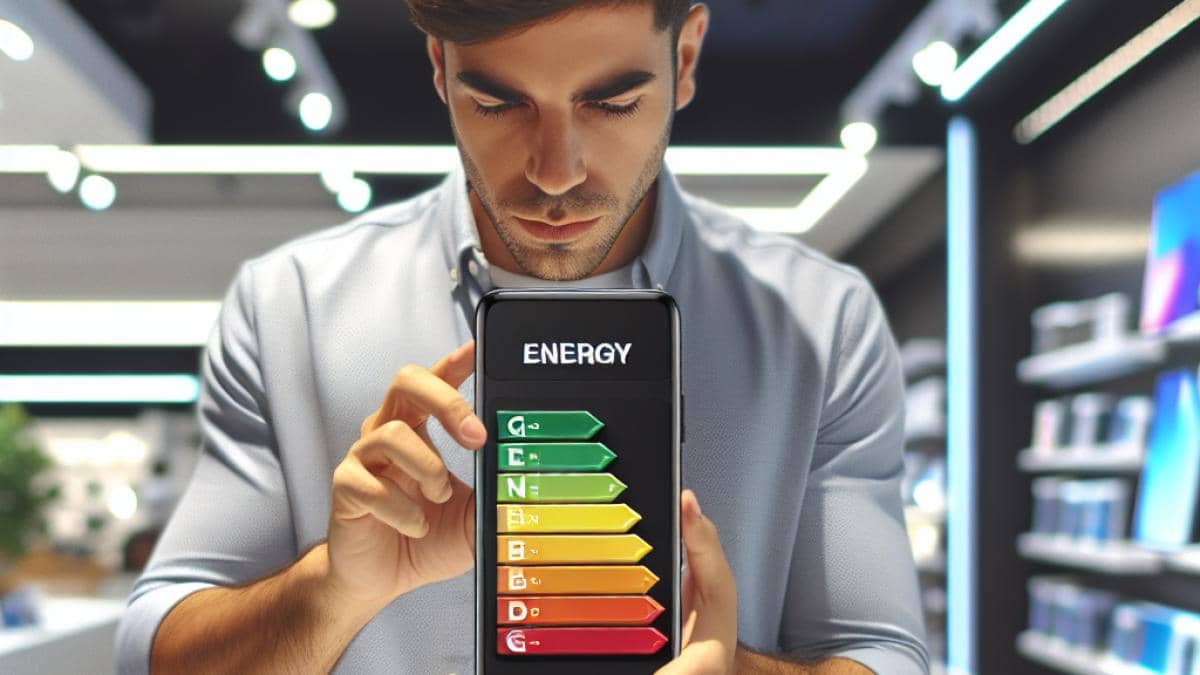 A photorealistic editorial-style image of a young Latino tech enthusiast examining a new smartphone box with a bold energy label prominently displayed (rating A to G), modern European electronics store setting, bright lighting, clear center focus on the main subject and the new label, clean and slightly futuristic background with other gadgets visible.