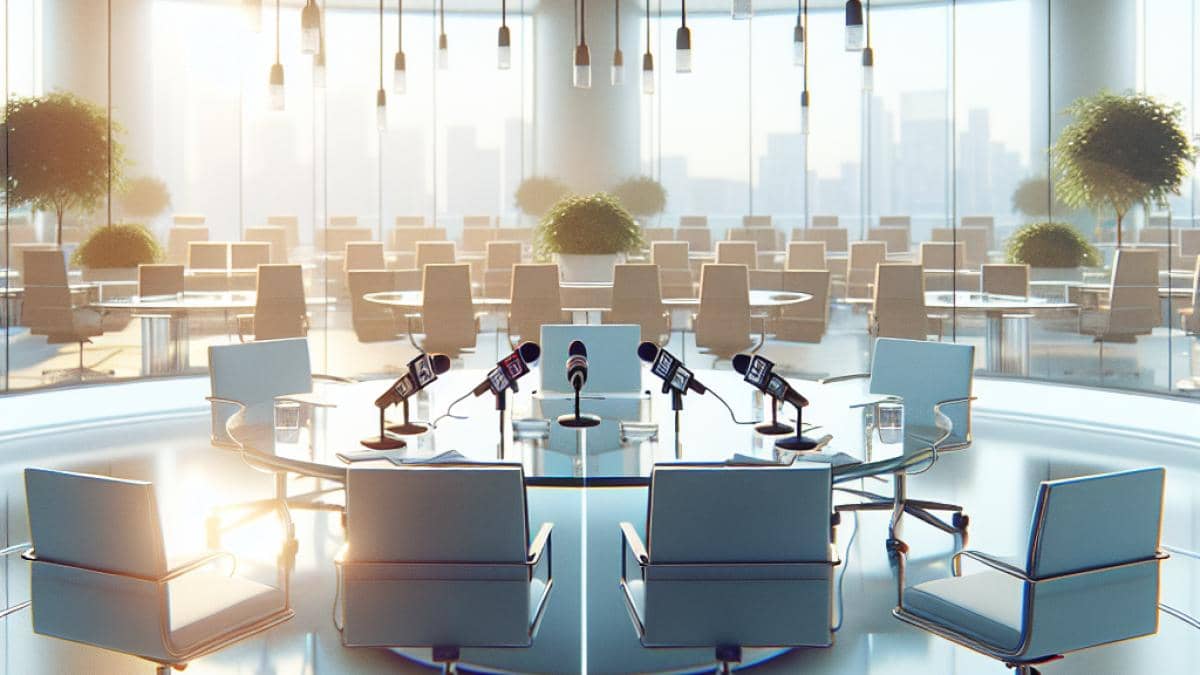 Un si grand soleil: ¿Por qué este cambio de horario en France 3 es mucho más que fútbol? 14 A central composition featuring a modern newsroom with empty chairs and microphones at a glass table, soft daylight streaming through large windows, showing both the absence of some anchors and the anticipation of new arrivals. Editorial, photorealistic style. The mood is contemplative yet optimistic, with subtle details like plants on desks and muted branding. Main focus is on the vacant news anchor seats at center, sharp and well-lit.
