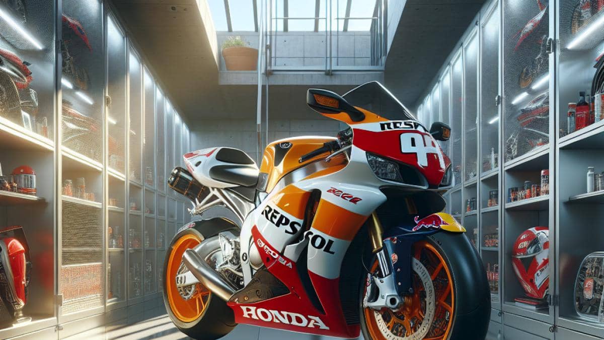 Bizum y apropiación indebida: ¿Sabías que quedarte un pago por error puede salirte muy caro? 14 A pristine, center-focused 2005 Honda CBR1000RR Repsol edition motorcycle, showcased in a well-lit, modern garage with clean metallic shelves and collector memorabilia. Editorial photorealistic style, sharp focus on the bike's bold colors and original packaging materials. Subtle sunlight streams through high windows, evoking nostalgia and exclusivity. No people present, background neat and uncluttered, main subject perfectly centered.