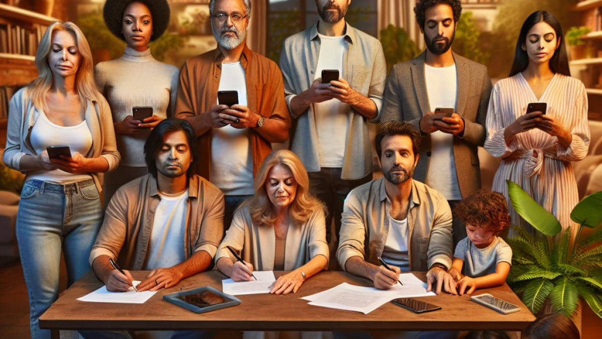 Huawei y chips en 2024: ¿cómo están construyendo su “muralla china” tecnológica? 14 A group of diverse parents gathered in a cozy, well-lit living room in Barcelona, holding signed agreements and smartphones out of reach on a table, photorealistic editorial style, warm evening lighting, visible facial expressions of solidarity and relief, lush indoor plants and books in the background. Main subjects (parents) are clearly centered and in sharp focus, with children playing together device-free nearby.