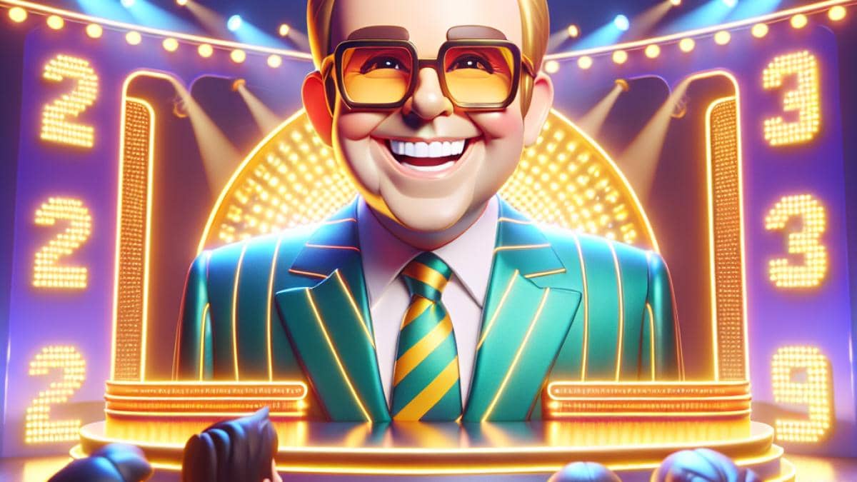 Cambio en Europa 1: ¿Por qué el relevo de Pascal Praud nos revela tanto sobre nuestro bienestar mediático? 14 Elton, carismático presentador de televisión, sonríe al centro de un colorido set de concurso infantil con luces brillantes y paneles numerados '1', '2' y '3'. Editorial, realista, luz cálida. Niños concursantes ríen a su alrededor mientras el público observa, ambiente alegre, fondo limpio y detalles claros en el rostro de Elton centrado en la imagen.