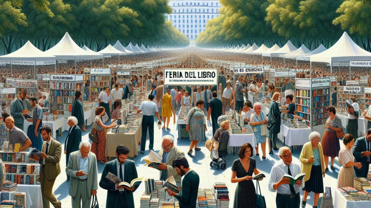 A bustling outdoor book fair in Madrid's El Retiro park, photorealistic editorial style, people browsing book stands under leafy trees, some with fans and water bottles due to visible summer heat, authors signing books at central booths, concerned faces among organizers, vibrant daylight, center-focused on a group of readers near a 'Feria del Libro' banner, clean and dynamic background with subtle cityscape hints.