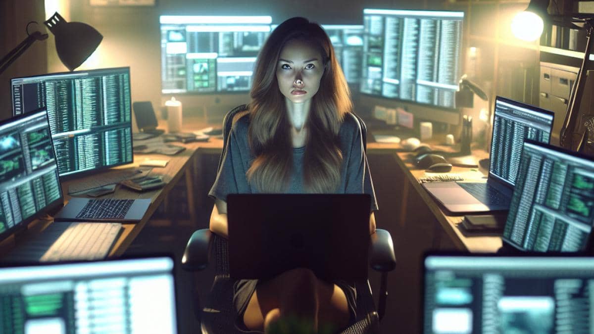¿Chifres radioactivos? La tecnología que podría salvar rinocerontes del tráfico ilegal 14 A modern home office in Minnesota, photorealistic editorial style, a young woman with long hair sitting in front of multiple open laptops, screens displaying cryptocurrency and business apps, dim but focused lighting, subtle North Korean flags on small props, atmosphere tense yet ordinary, main subject centered and sharply in focus with the tech-filled room around her.
