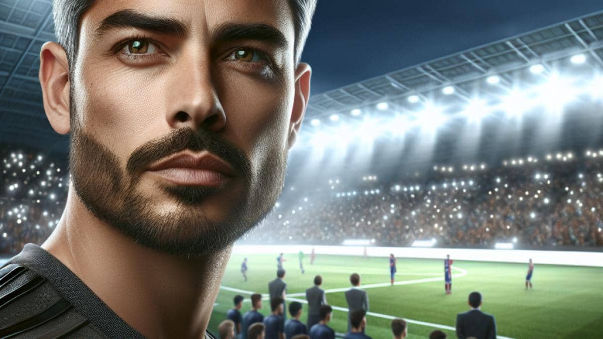 A focused Luis Enrique on the sideline of a packed football stadium, photorealistic editorial style, bright stadium lights illuminating his intense expression, main subject centered and in sharp focus, blurred fans and players in the background to emphasize strategic thinking atmosphere.