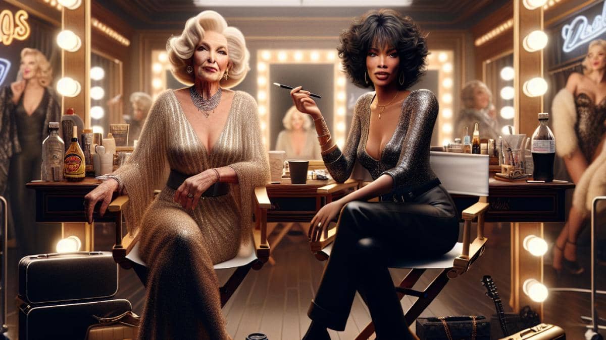 Demain nous appartient: ¿Por qué la salida de Rayane cambiará el rumbo de la serie? 14 Two women comedians, one older and glamorous in a Las Vegas dressing room, the other young with a laptop and coffee, photorealistic editorial style, warm lighting, background of showbiz memorabilia and stage props, both seated at a central vanity table, their expressions reflecting tension and mutual respect, main subjects centered and in sharp focus.