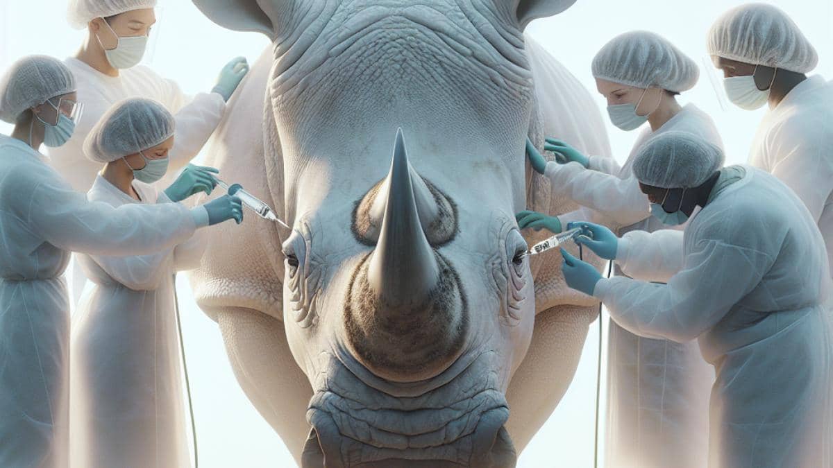 A close-up of a live white rhinoceros being attended by veterinarians and scientists in protective gear, injecting a small device into its horn, photorealistic editorial style, daytime with natural soft lighting, high-tech medical equipment nearby, focused expressions on the team’s faces, the rhino calm and centered in the image, clean background of African savanna.