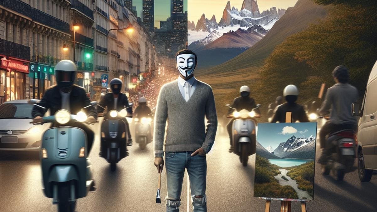 Florent Pagny centered, dressed casual chic, standing in a split scene: on one side, bustling Paris streets with scooters and bikes; on the other, serene Patagonian landscape with open skies and mountains. Photorealistic editorial style, daylight with soft natural light highlighting contrast between city chaos and countryside tranquility. Details include a scooter helmet under his arm in the city half, and a paintbrush in the Patagonia half, main subject sharply focused at the center.