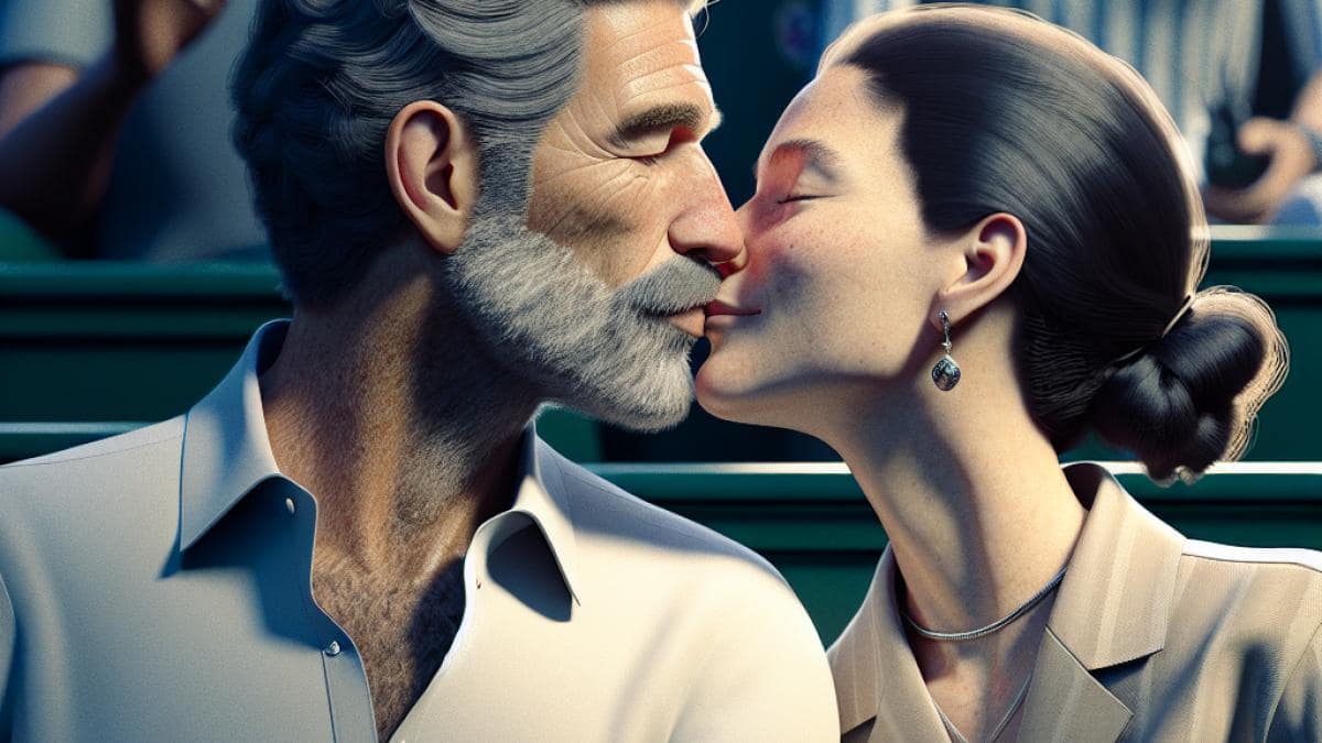 F1: ¿Qué harías tú si fueras Max Verstappen hoy? Un giro inédito amenaza la temporada 2025 14 Raymond Domenech, former French national football coach, sitting in the stands at Roland-Garros with his new partner, sharing a subtle and genuine kiss. Photorealistic editorial style, natural daylight illuminating their faces, both centered and clearly in focus. The background includes other celebrities discreetly present and hints of the tennis court atmosphere, elegant but casual clothing, creating an intimate yet public moment filled with warmth.