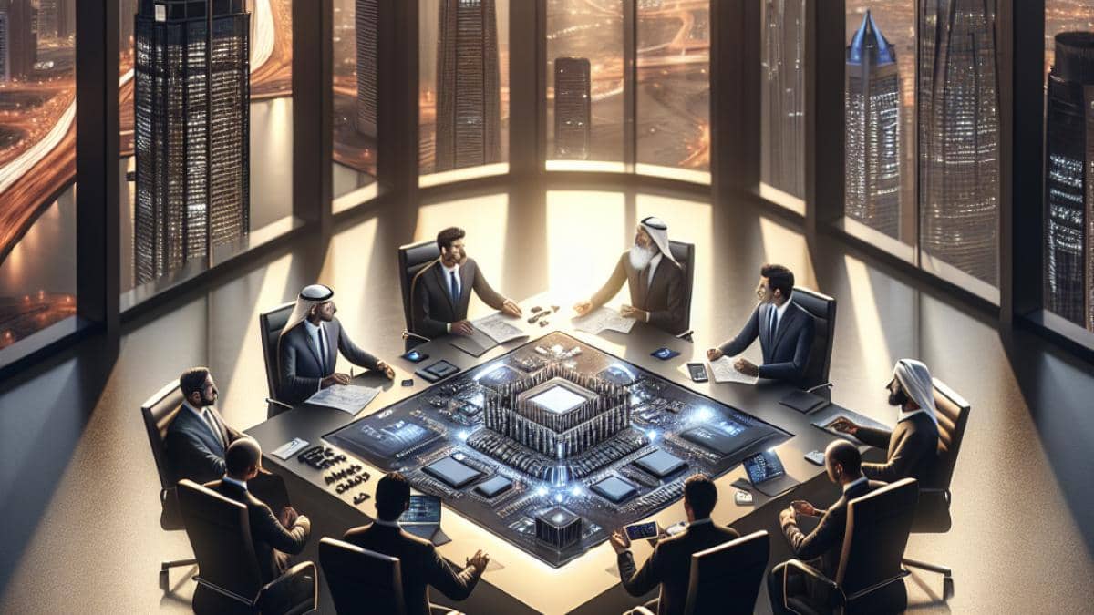 Caixinhas de som antigas: el truco techie que te sorprenderá (¡y no es soldar!) 14 A photorealistic editorial-style image showing a sharply focused negotiation table in a modern Middle Eastern skyscraper. Centered are executives from TSMC and UAE officials discussing over blueprints of a semiconductor factory, with visible microchips and digital displays on the table. Background shows the Dubai skyline through panoramic windows. Mood is tense yet visionary, with warm lighting highlighting both tech innovation and diplomatic tension. All main subjects are clearly centered and in focus.