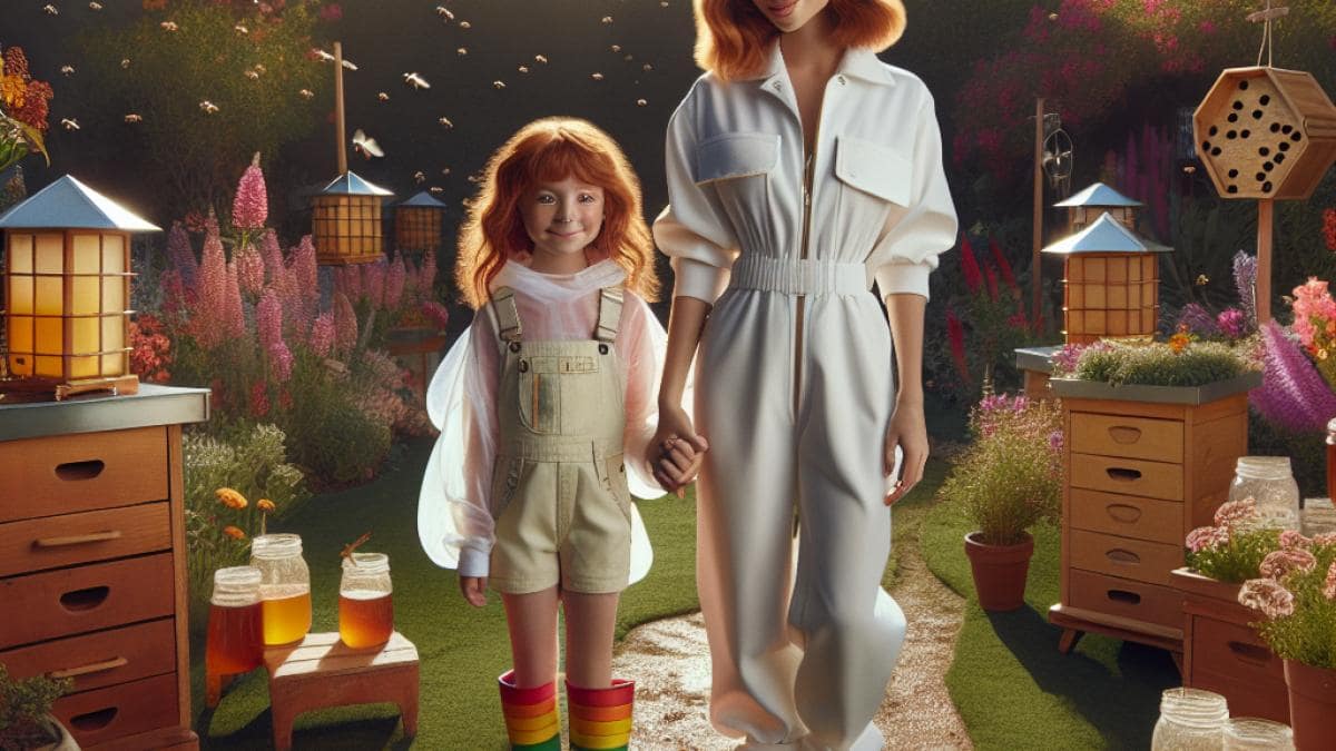 Xana y el legado invisible de Luis Enrique: Más allá del fútbol y la pérdida 14 A young girl with reddish hair and a mischievous smile, wearing a rainbow-colored pair of boots and a white beekeeper suit, stands hand-in-hand with her mother in a sunny California garden. The background features lush greenery, wooden beehives, and vibrant flowers. The scene is photorealistic editorial style, warm morning light, relaxed family mood. Both subjects are well-centered and in sharp focus, with playful details like honey jars and gardening tools nearby.