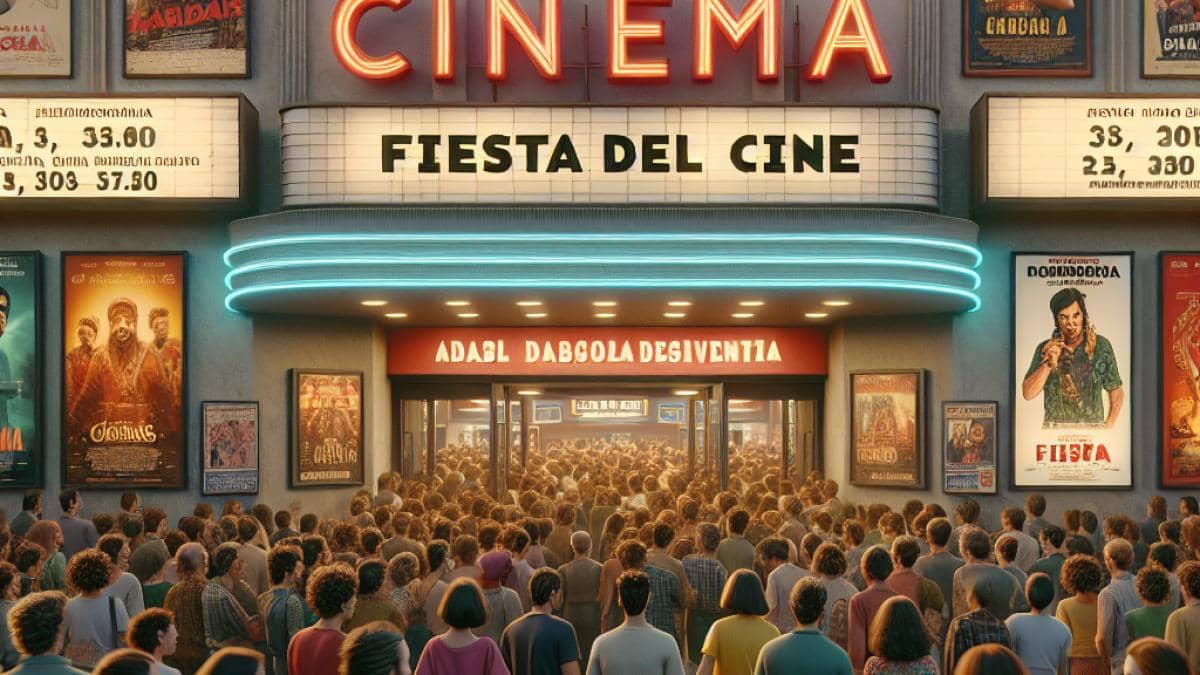 Shrek 2: ¿Por qué sólo los adultos entendieron ese guiño inicial? 14 A photorealistic editorial image of a bustling Spanish cinema during Fiesta del Cine, main entrance packed with diverse moviegoers holding discounted tickets and chatting excitedly, vibrant posters for both Hollywood blockbusters and Spanish films visible on the facade, well-lit evening atmosphere, central focus on the crowd's anticipation and energy, clean background with clear signage.