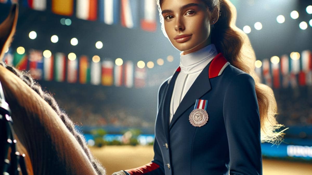 Zidane entrenador de Francia: ¿Cómo impacta su liderazgo en el deporte y la motivación? 14 Sira Martínez, young professional female equestrian in her Spanish team uniform, confidently riding a majestic horse during an international competition, photorealistic editorial style, bright stadium lighting, proud and determined expression, Spanish flags in the background, main subject well-centered and in sharp focus.
