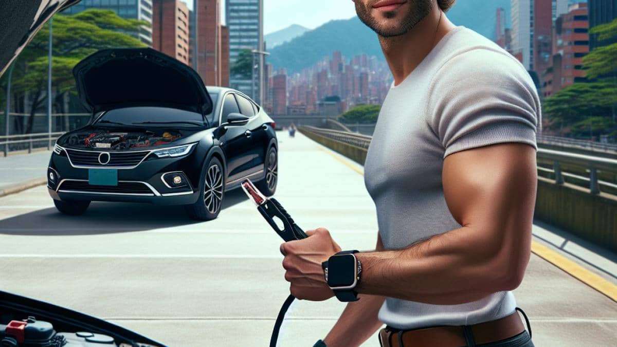 Coche eléctrico: ¿Cómo Apple le regaló a China la corona tecnológica sin querer? 14 A young Latin American man in his 30s, wearing casual clothes and a smartwatch, confidently jump-starting a modern sedan with a portable jump starter device on a city street in Medellín, Colombia. Photorealistic editorial style, daylight with soft shadows, the main subject centered and in sharp focus holding the device, car hood open, visible tech gadgets and urban scenery in background, friendly and approachable mood.