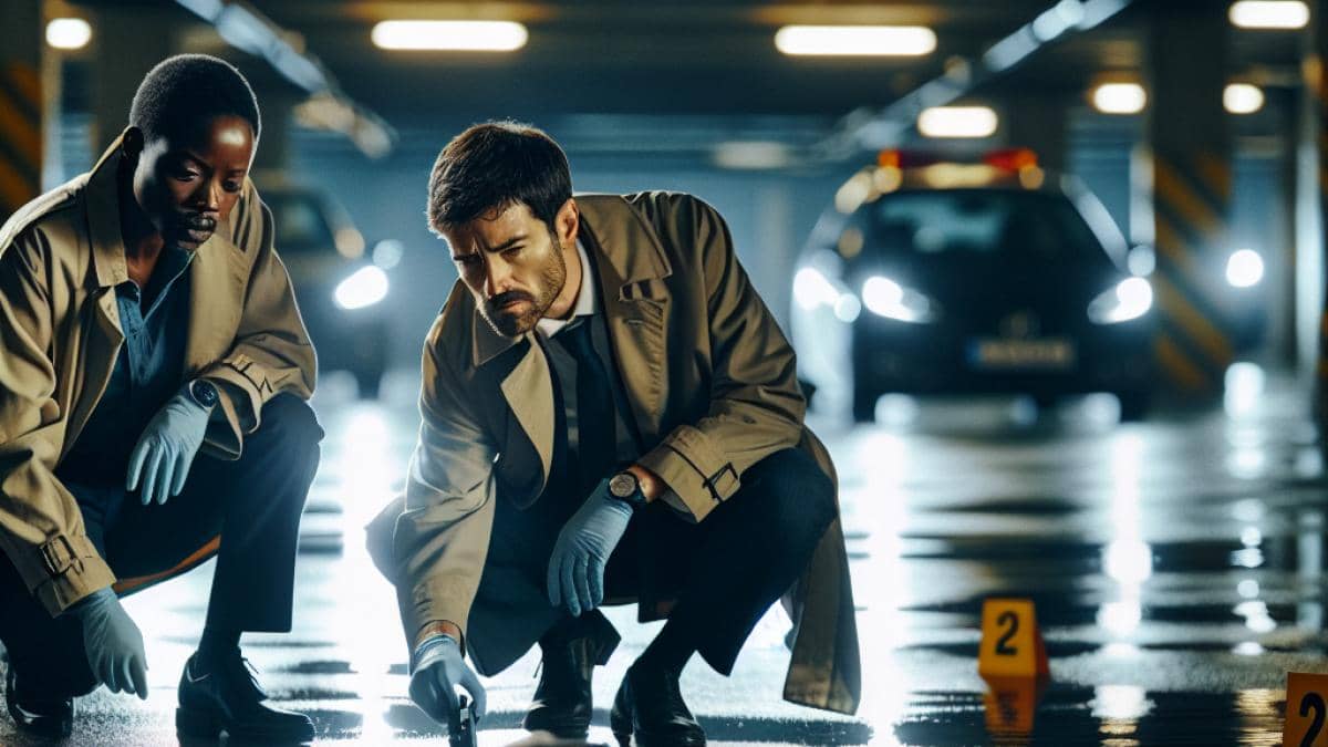 Netflix: ¿Por qué “La viuda negra” es el thriller español que arrasa en 62 países? 14 A centered, intense scene from a Spanish crime thriller film set in a dimly lit parking garage in Valencia, photorealistic editorial style, two detectives examine evidence near a body with subtle police lights reflecting on wet pavement, realistic mood, main characters sharply in focus at the center, evocative of suspense and real-life drama.